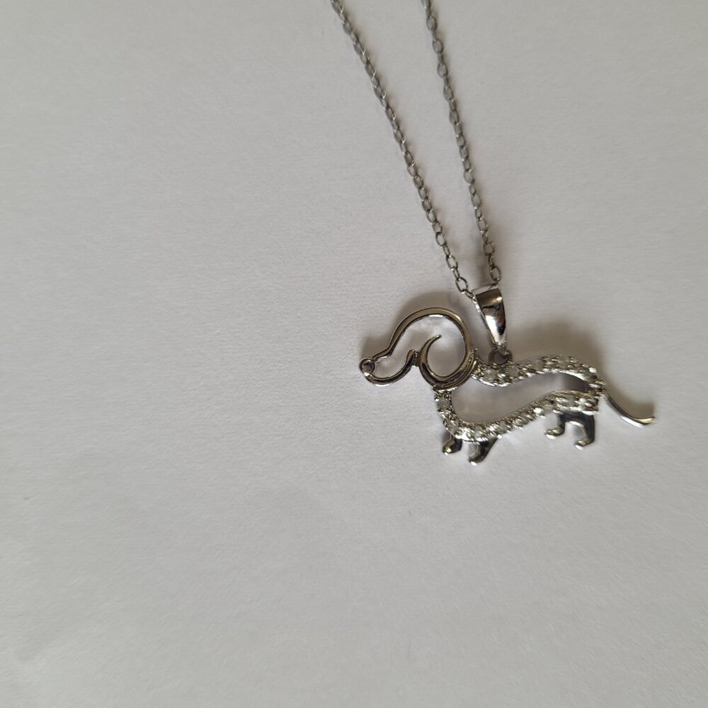 Dog Diamond Sterling Pendant Necklace Dachshund Weenie Doxie Dog Lover - Picture 13 of 16